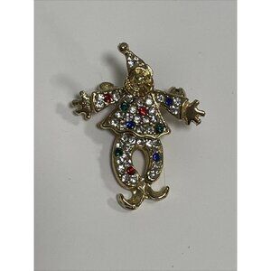 Rhinestone Circus Clown Brooch Pendant, Articulated Pin, Vintage Costume Jewelry